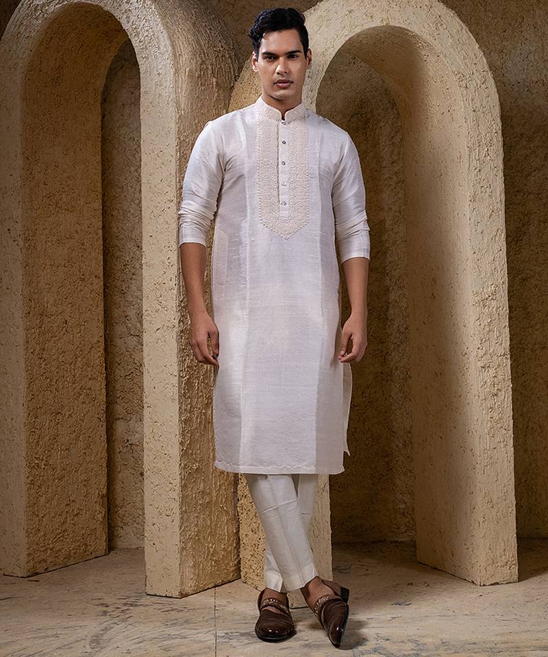 White plain silk kurta pajama