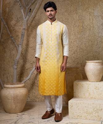 Yellow embroidered viscose kurta pajama 1
