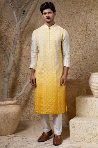 Yellow embroidered viscose kurta pajama