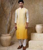 Yellow embroidered viscose kurta pajama