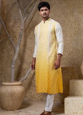 Yellow embroidered viscose kurta pajama 3