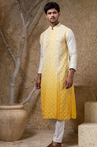 Yellow embroidered viscose kurta pajama