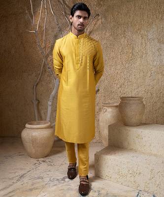 Yellow embroidered cotton silk kurta pajama 1