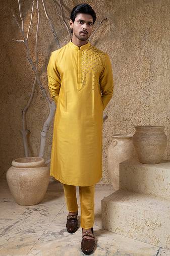 Yellow embroidered cotton silk kurta pajama
