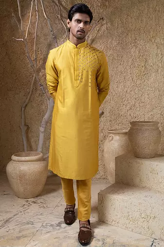 Yellow embroidered cotton silk kurta pajama