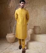 Yellow embroidered cotton silk kurta pajama