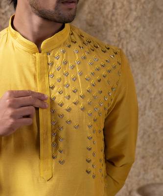 Yellow embroidered cotton silk kurta pajama 2