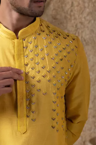 Yellow embroidered cotton silk kurta pajama