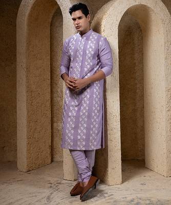 Purple embroidered cotton silk kurta pajama 1