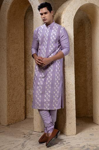 Purple embroidered cotton silk kurta pajama