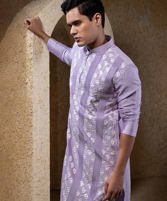 Purple embroidered cotton silk kurta pajama 3