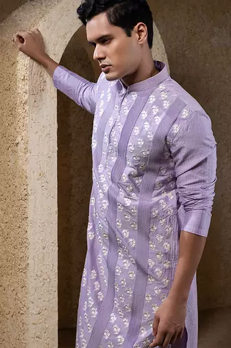 Purple embroidered cotton silk kurta pajama