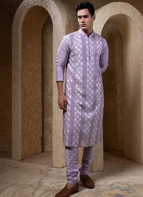 Purple embroidered cotton silk kurta pajama 4