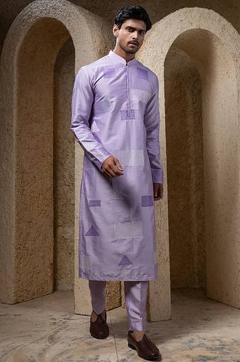 Purple plain cotton silk kurta pajama