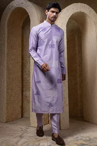 Purple plain cotton silk kurta pajama