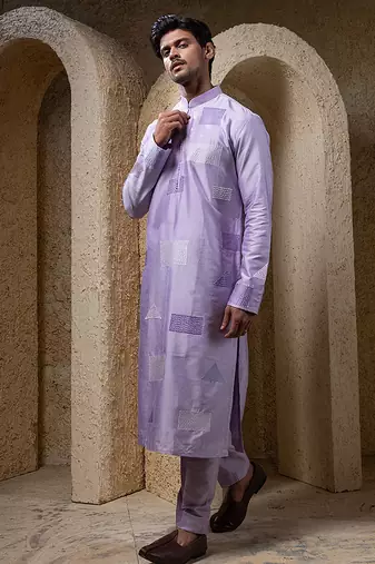 Purple plain cotton silk kurta pajama