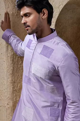 Purple plain cotton silk kurta pajama