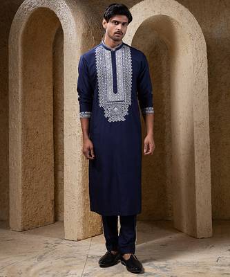 Navy blue embroidered cotton silk kurta pajama 1