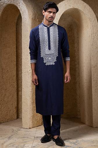 Navy blue embroidered cotton silk kurta pajama