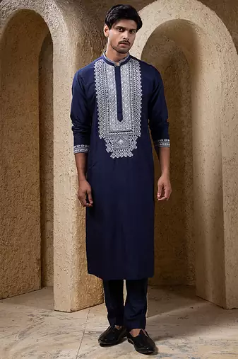 Navy blue embroidered cotton silk kurta pajama