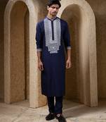 Navy blue embroidered cotton silk kurta pajama