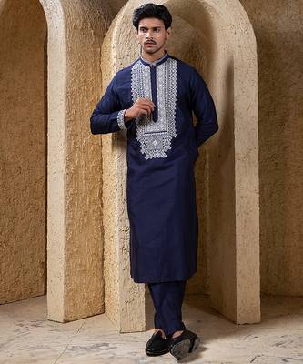 Navy blue embroidered cotton silk kurta pajama 2