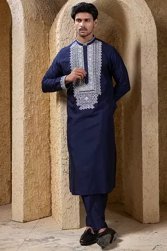 Navy blue embroidered cotton silk kurta pajama