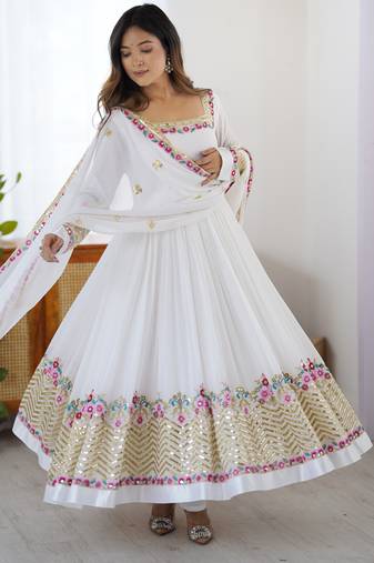 White Elegant Embroidered Sequence Designer Anarkali Three Piece Set