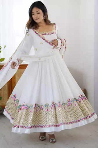 White Elegant Embroidered Sequence Designer Anarkali Three Piece Set