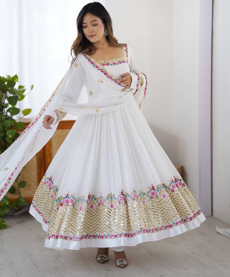 White Elegant Embroidered Sequence Designer Anarkali Three Piece Set