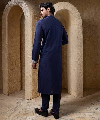 Navy blue embroidered cotton silk kurta pajama 3