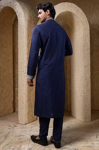 Navy blue embroidered cotton silk kurta pajama