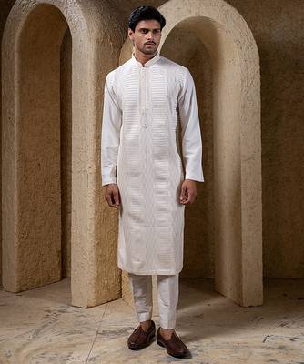 White plain cotton silk kurta pajama 1