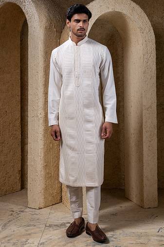 White plain cotton silk kurta pajama