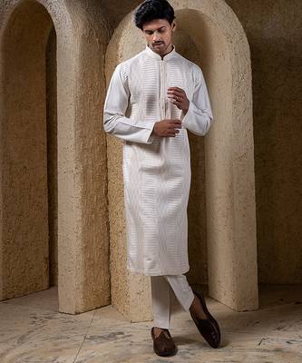 White plain cotton silk kurta pajama 2