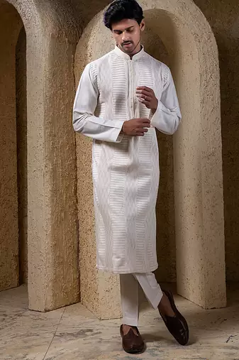 White plain cotton silk kurta pajama