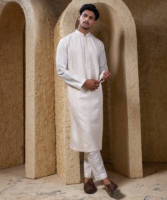 White plain cotton silk kurta pajama 3