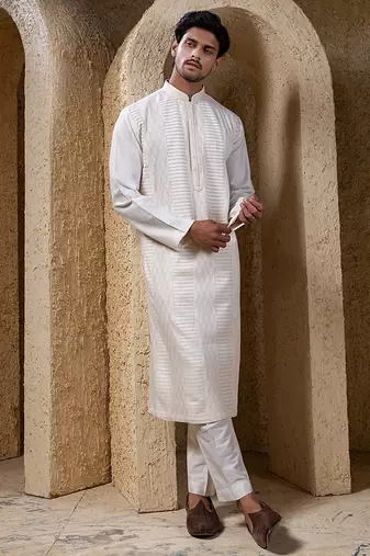 White plain cotton silk kurta pajama