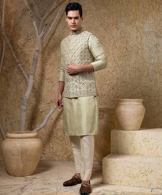 Green embroidered viscose nehru jacket set 1