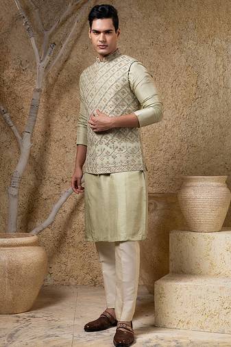 Green embroidered viscose nehru jacket set
