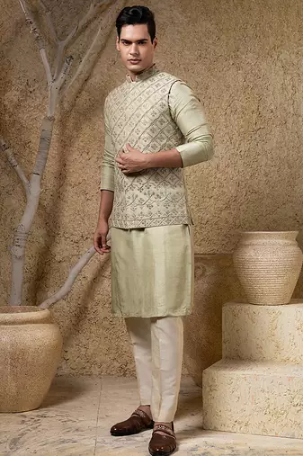 Green embroidered viscose nehru jacket set