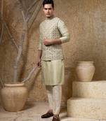 Green embroidered viscose nehru jacket set