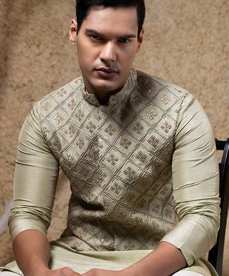 Green embroidered viscose nehru jacket set 2