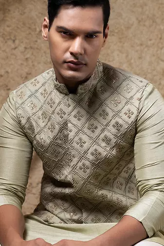 Green embroidered viscose nehru jacket set