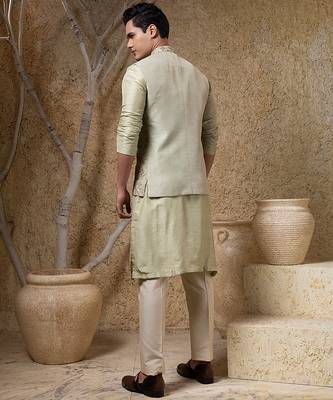 Green embroidered viscose nehru jacket set 3