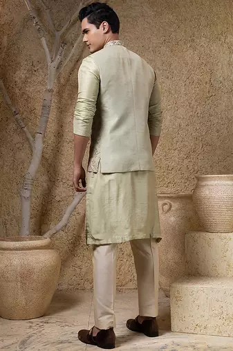Green embroidered viscose nehru jacket set
