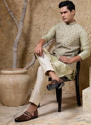 Green embroidered viscose nehru jacket set 4