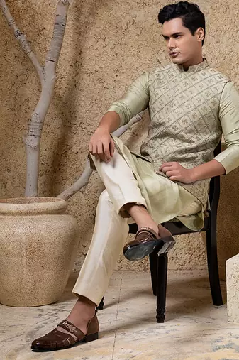 Green embroidered viscose nehru jacket set