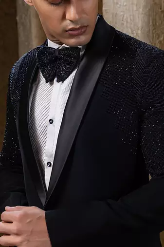Black embroidered cotton tuxedo