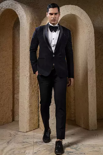 Black embroidered cotton tuxedo